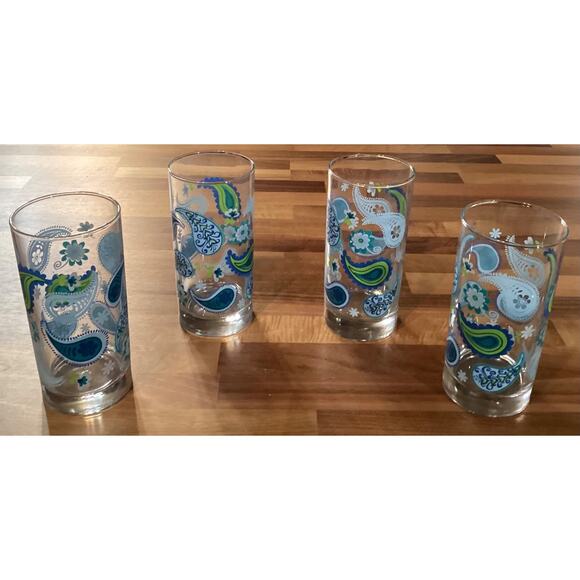 CRISA Libbey Blue Green Paisley Drinking Glass Tumblers 6” Tall Set Of 4 - Picture 1 of 10
